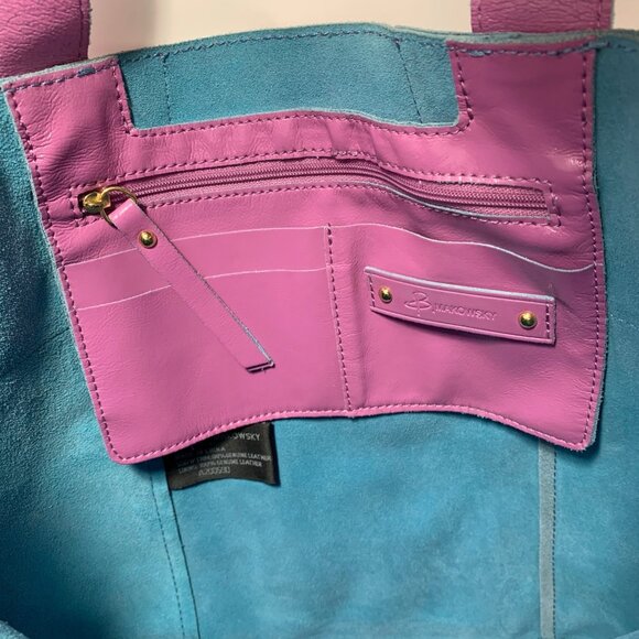 B Makowsky Purple Patent Leather Teal Suede Trim Tote Handbag Weekender Bag - Picture 9 of 14